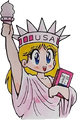 Princess Peach dressed up as the Statue in Super Mario USA