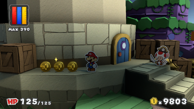 Mario near 3 Coins in Lighthouse Island of Paper Mario: Color Splash.