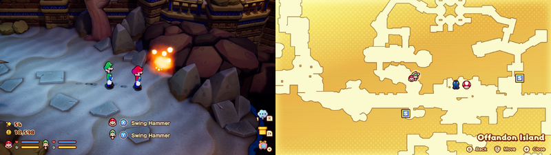 Mario and Luigi near a Sprite Bulb Nest on Offandon Island of Mario & Luigi: Brothership.