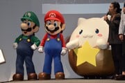 Luigi, Mario and Tamadra at the Puzzle & Dragons: Super Mario Bros. Edition conference