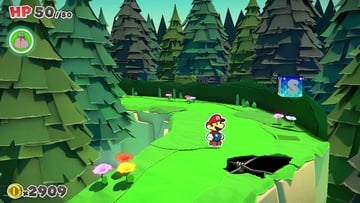 Mario in front of Not Bottomless Hole No. 12 of Whispering Woods in Paper Mario: The Origami King