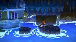 Screenshot of Mario at a hidden ? Block location in Pirate's Grotto, in Paper Mario: The Thousand-Year Door
