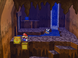 Mario next to the Shine Sprite above water in the Great Tree.