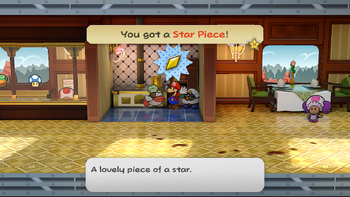 Mario getting the Star Piece from Chef Shimi in the remake of the Paper Mario: The Thousand-Year Door for the Nintendo Switch.