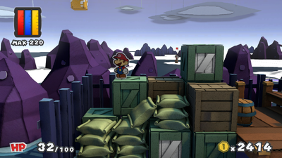 Mario in front of the unrevealed stairs in Violet Passage of Paper Mario: Color Splash.