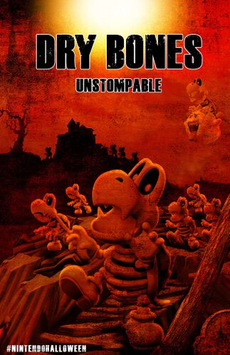 A dramatic image showing an army of Dry Bones, captioned as "Unstompable," marching in a desolate, dark red area. This was originally posted to Nintendo's Facebook account on October 26, 2014, associated with the hashtag #NintendoHalloween.