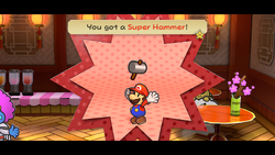 Mario getting the Super Hammer from Podler in Glitzville of Paper Mario: The Thousand-Year Door for Nintendo Switch.