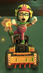 The Wario Mii Racing Suit performing a trick.