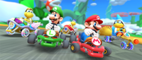 Mario, Luigi, Kamek, Gold Koopa (Freerunning) and Blue Koopa (Freerunning) participating in the Sky Tour's 2-Player Challenge in Mario Kart Tour