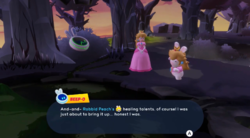 Princess Peach and Rabbid Peach about to enter a Darkmess Puddle battle in Palette Prime