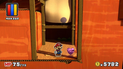 Mario near a Heart in Marmalade Valley of Paper Mario: Color Splash.