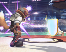 Pit protecting himself from Fox McCloud with his shield