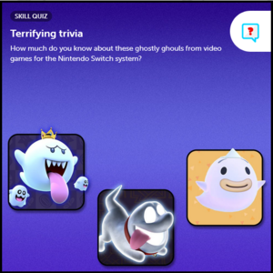Thumbnail of the Terrifying trivia with Nintendo ghosts skill quiz. Pictured are King Boo with two Peepas, Wisp (from the Animal Crossing series), and Polterpup.
