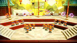 Kung Fu Peach spinning around a pole with Sour Bunch members nearby in Kung Fu Rehearsal in Princess Peach: Showtime!.