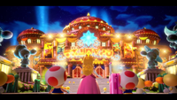 Screenshot from Princess Peach: Showtime! of Princess Peach and two Toads arriving at Sparkle Theater