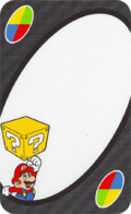 The White Mario card from the UNO Super Mario deck (featuring Mario and a ? Block)