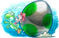 Artwork of Baby Mario and Yoshi swimming, from Yoshi's New Island.