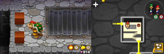 Third and fourth blocks in Bowser's Castle of Mario & Luigi: Bowser's Inside Story + Bowser Jr.'s Journey.