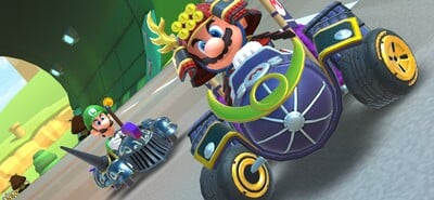 N64 Mario Raceway: Mario (driving the Armored Rider) and Luigi (driving the Black Shielded Speedster)