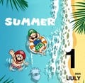 Summer: A top-down view of Mario and Luigi in swimsuits relaxing on inner tubes at a beach with a Blooper nearby. This appears on July 1 in the Northern Hemisphere.