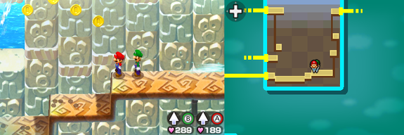 Mario and Luigi near 4 Coins in Plack Beach of Mario & Luigi: Bowser's Inside Story + Bowser Jr.'s Journey.