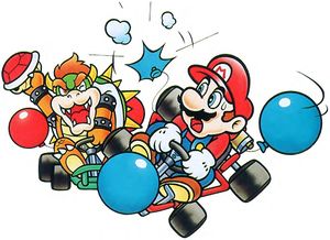 Artwork of Bowser popping one of Mario's balloons in Super Mario Kart