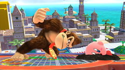 Donkey Kong doing his Headbutt on Kirby in Super Smash Bros. for Wii U