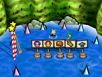 Swinging with Sharks: Yoshi jumping out to land one of the barrels that hold up a sign that has the desired item. From Mario Party 3.