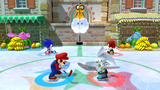 Mario and Sonic versing Silver and Knuckles in Snow Day Street Hockey.