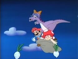 Birdo assisting Mario and Toad