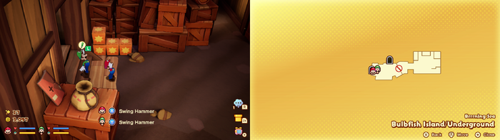 Mario and Luigi near wooden crates containing a Coin and a Five Coin on Bulbfish Island of Mario & Luigi: Brothership.