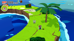 Mario standing near a hole containing a Big Bag of Confetti on Full Moon Island of The Origami King.