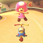 Toadette performing a trick. Mario Kart 8.
