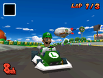 Luigi races on the racetrack in an early build