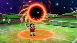 Mario being pulled into a black hole, from Mario Tennis Fever