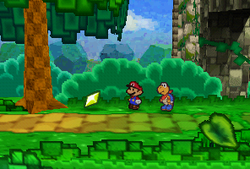 Mario finding a Star Piece in the tree at the end of Pleasant Path in Paper Mario