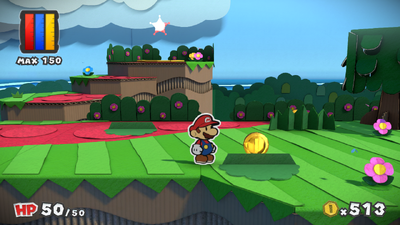 Mario near a collapsed bush in Ruddy Road of Paper Mario: Color Splash.