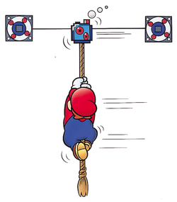 Artwork of Mario clinging to a rope, from Super Mario World.