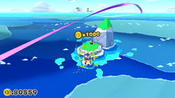 Mario being given a Coin Bag by a Shy Guy in The Great Sea of The Origami King.