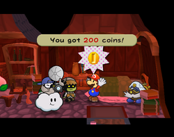 Mario getting 200 Coins from the innkeeper in Twilight Town of Paper Mario: The Thousand-Year Door.