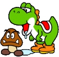 Yoshi drooling over a Goomba.
