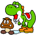 Yoshi drooling over a Goomba.