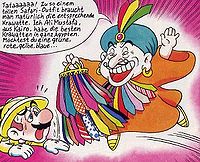 Mario and Ali Mustafa, from the Club Nintendo comic "Mario's Picross".<br><br>Translation: "Tadaaaaaa! Of course, for such a fine safari outfit you need the appropriate tie. I, Ali Mustafa from Cairo, have the best ties in all Egypt. Do you want a green one, red one, yellow one, blue one..."