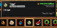 A screenshot of Cookie Clicker's Stats menu, showcasing the in-game "egg" upgrade and its tooltip.