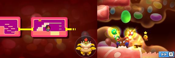 Mario and Luigi taking Beginner and Mushroom Badges out of the chest in Flab Zone of Mario & Luigi: Bowser's Inside Story + Bowser Jr.'s Journey.