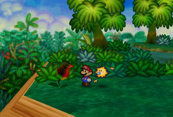 Mario finding 3 Coins from a Trumpet Plant in Jade Jungle of Paper Mario.