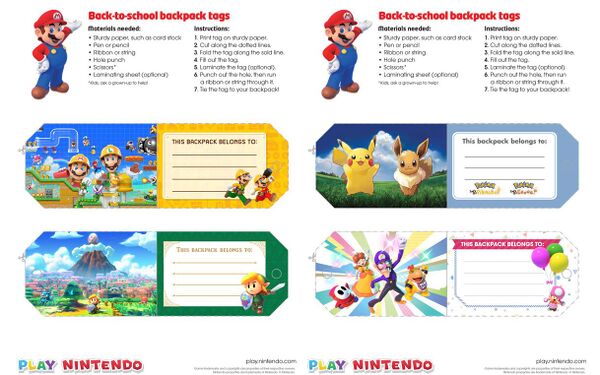 Printable sheets for backpack tags branded with various Nintendo Switch games, such as Super Mario Maker 2, The Legend of Zelda: Link's Awakening, Super Mario Party, Pokémon: Let's Go, Pikachu!, and Pokémon: Let's Go, Eeevee!