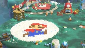 The decorations for Camp Central after using a 30th Anniversary Mario - Modern Color amiibo in Super Mario Bros. Wonder – Nintendo Switch 2 Edition + Meetup in Bellabel Park