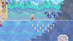 Fire Mario jumping in the Robbird Cove level in Super Mario Bros. Wonder