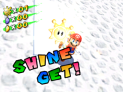 Mario earns a Shine Sprite in the Japanese version of Super Mario Sunshine. The English "Shine Get!" exclamation has since gained infamy
